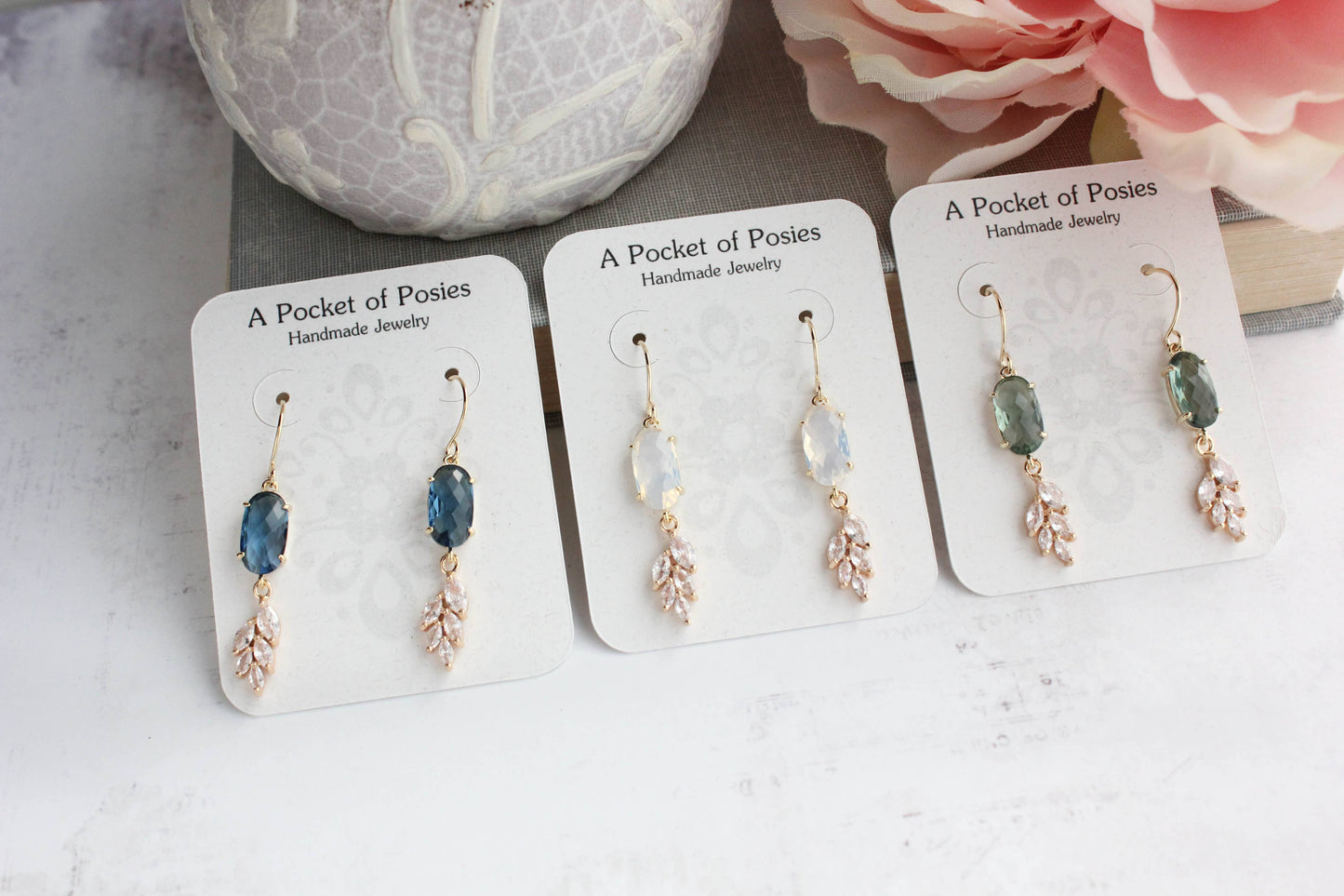 A Pocket of Posies - Sparkling Crystal Earrings | Leaf Earring | Bridal Earrings: Erinite Green