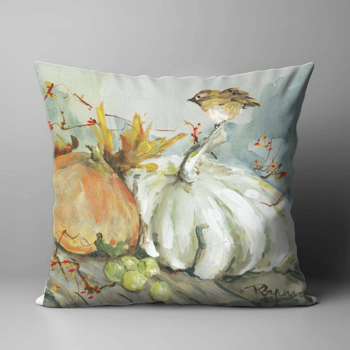 LuckyBird Apparel and Home - ROZIE'S SPARROW ON WHITE PUMPKIN SQUARE PILLOW: 22"