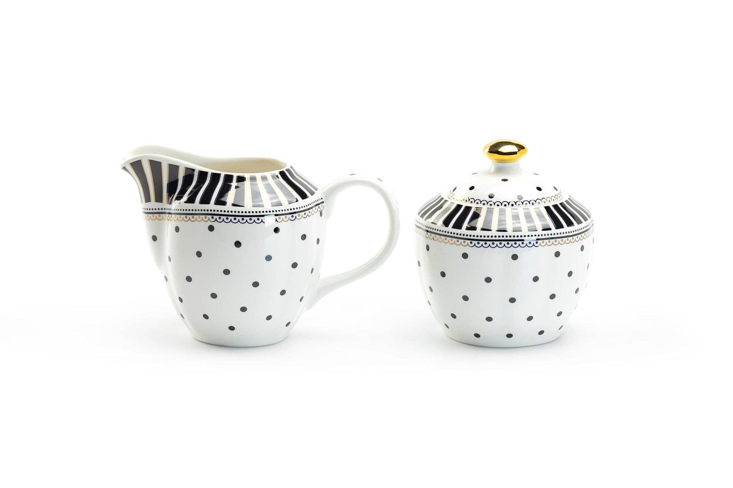 Grace Teaware - Black Josephine Stripes and Dots Fine Porcelain Sugar & Creamer Set