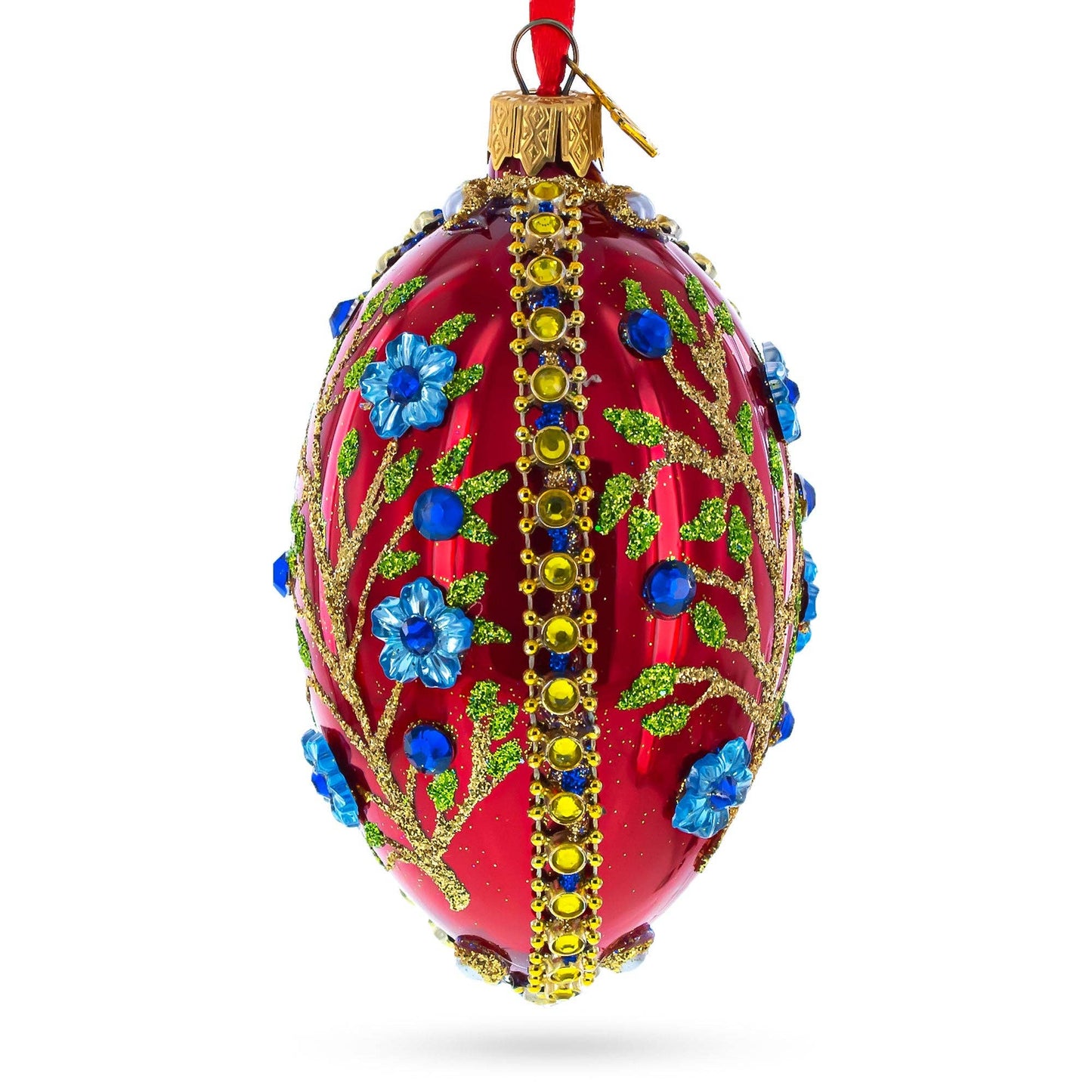 BestPysanky - Blue Bejeweled Flowers on Red Glass Egg Ornament