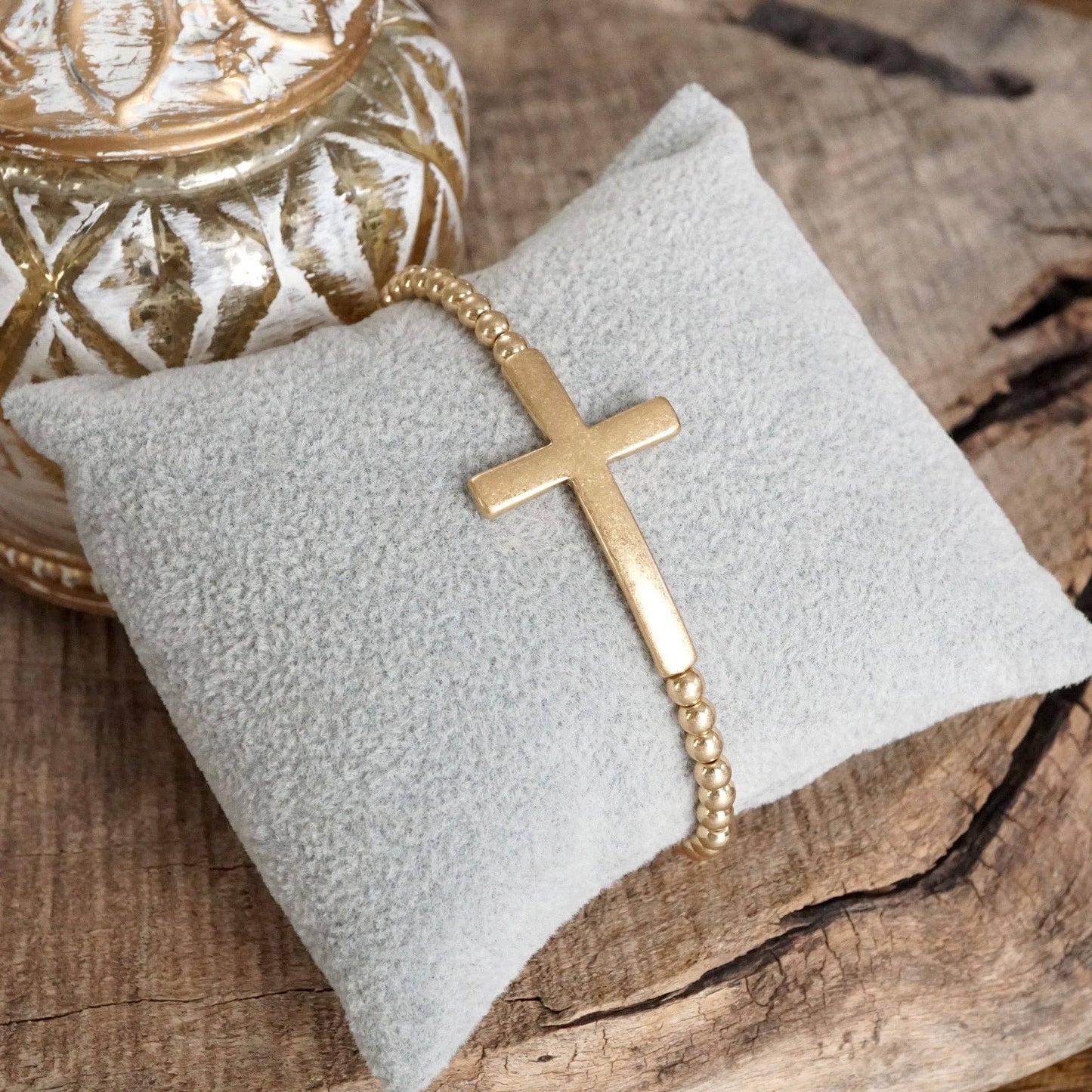 PennyLine inc - Minimal Cross Stretchy Bracelet in Worn Gold tone with Ball Beads