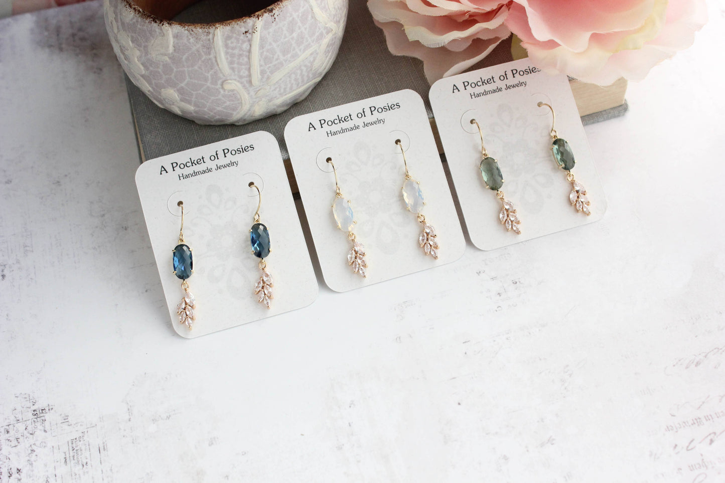 A Pocket of Posies - Sparkling Crystal Earrings | Leaf Earring | Bridal Earrings: Erinite Green