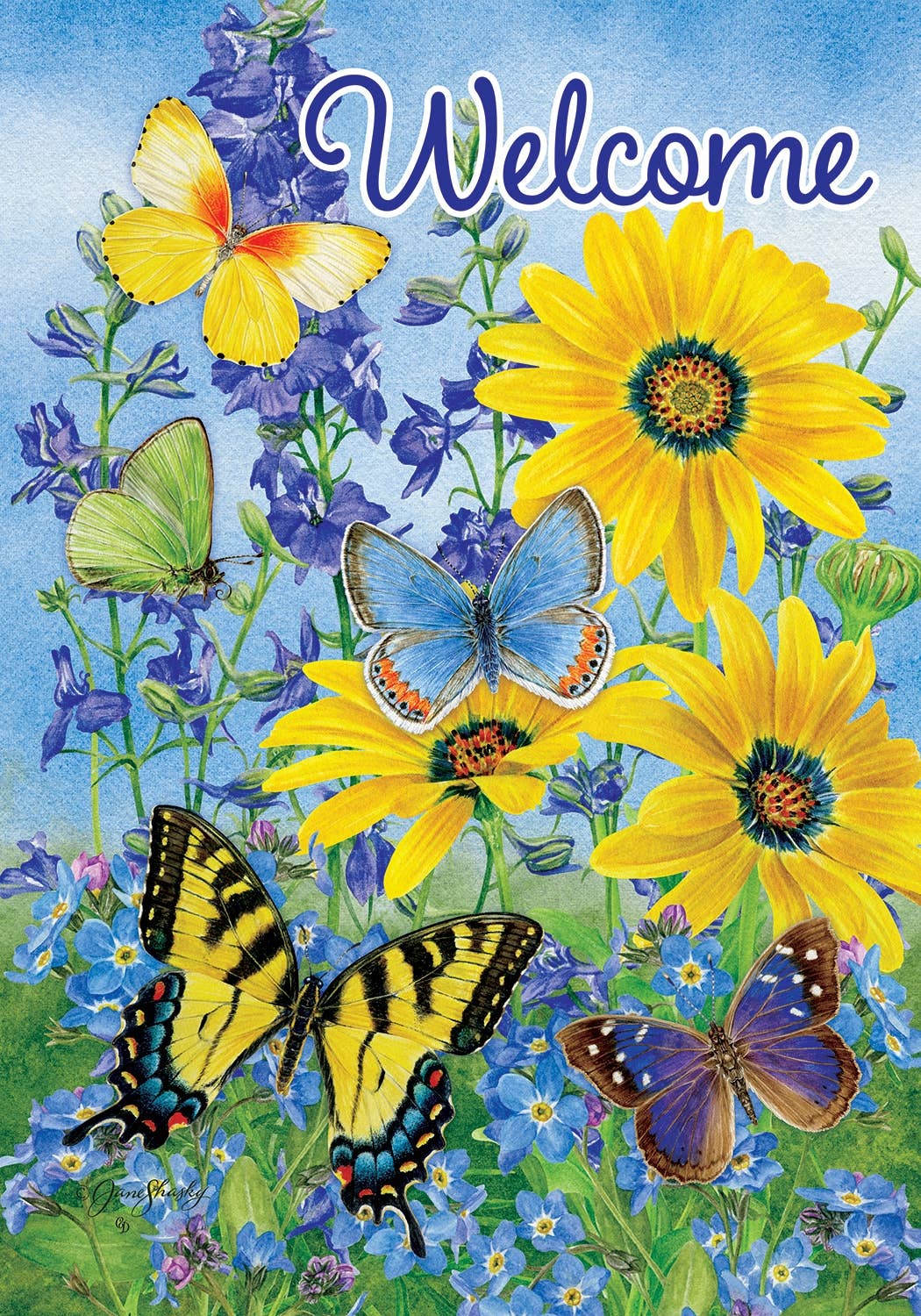 Custom Decor - Blue & Yellow Butterflies-Flag by Jane S - 12” ...
