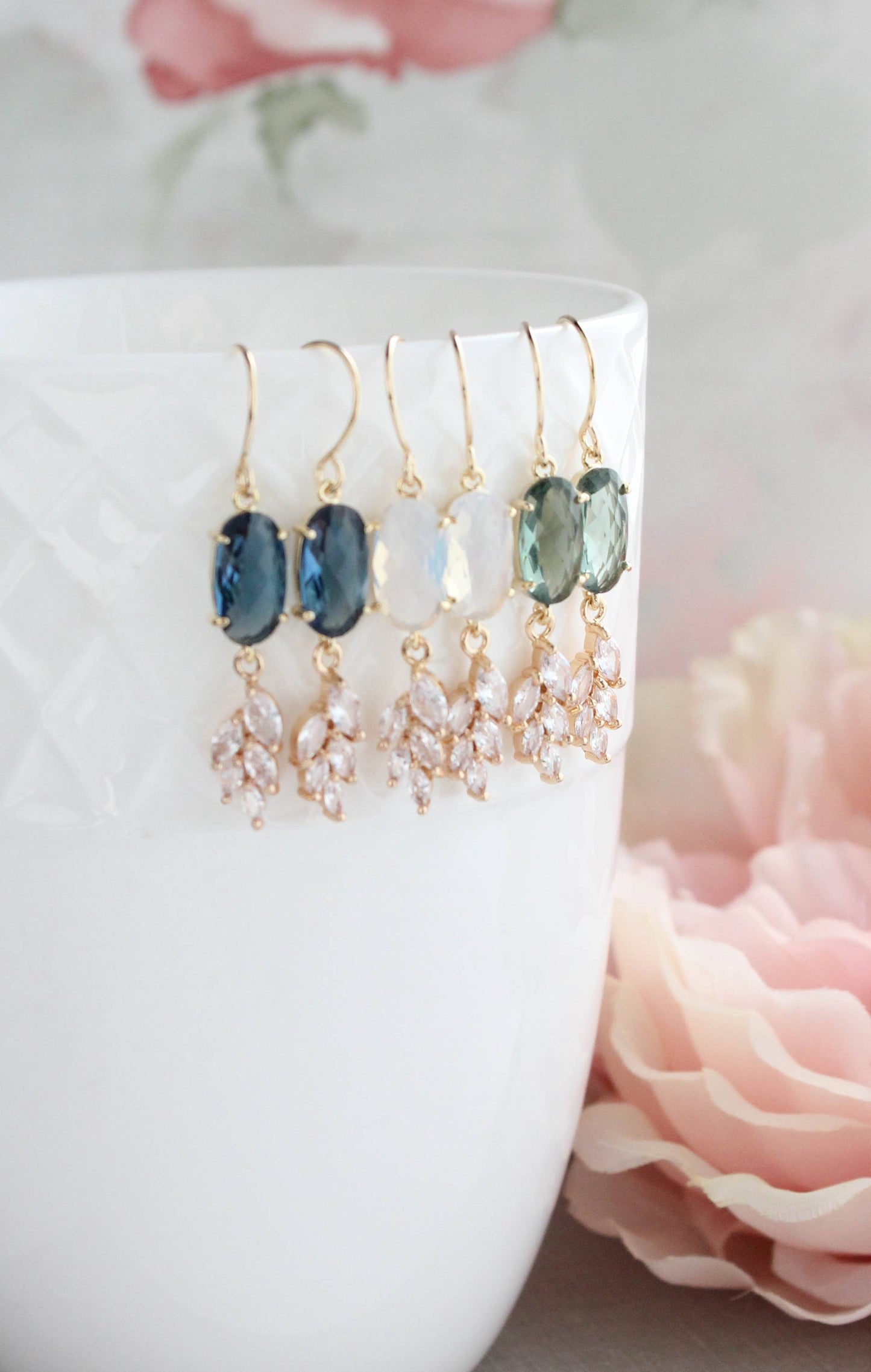 A Pocket of Posies - Sparkling Crystal Earrings | Leaf Earring | Bridal Earrings: Erinite Green