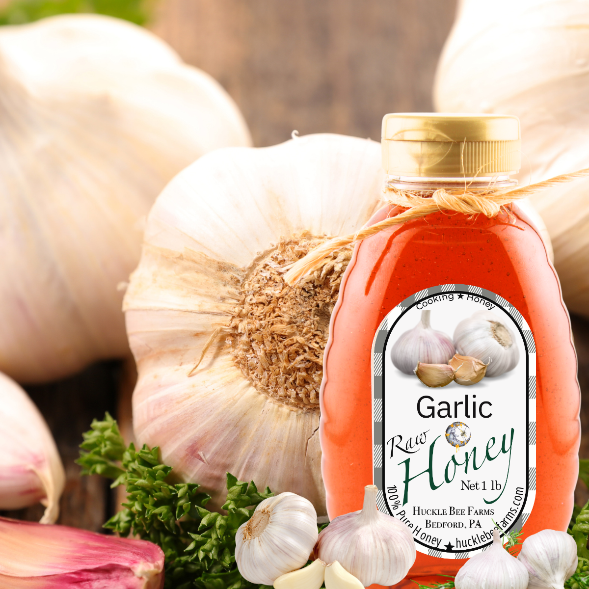 Huckle Bee Farms LLC - Garlic Infused Raw Honey: 1 lb Bottle