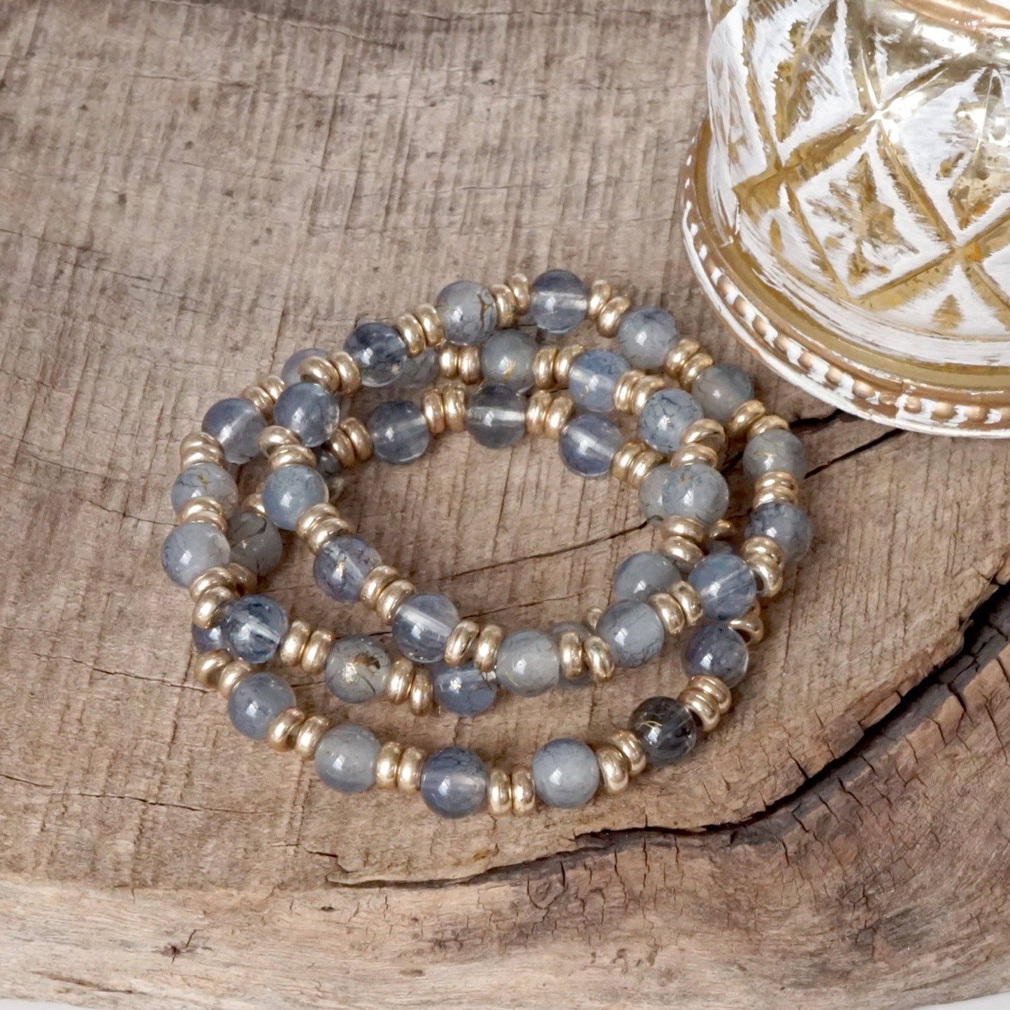 PennyLine inc - Glass Beaded Bracelet Stack with Worn Gold Accents – Green, Cream, or Gray: Cream