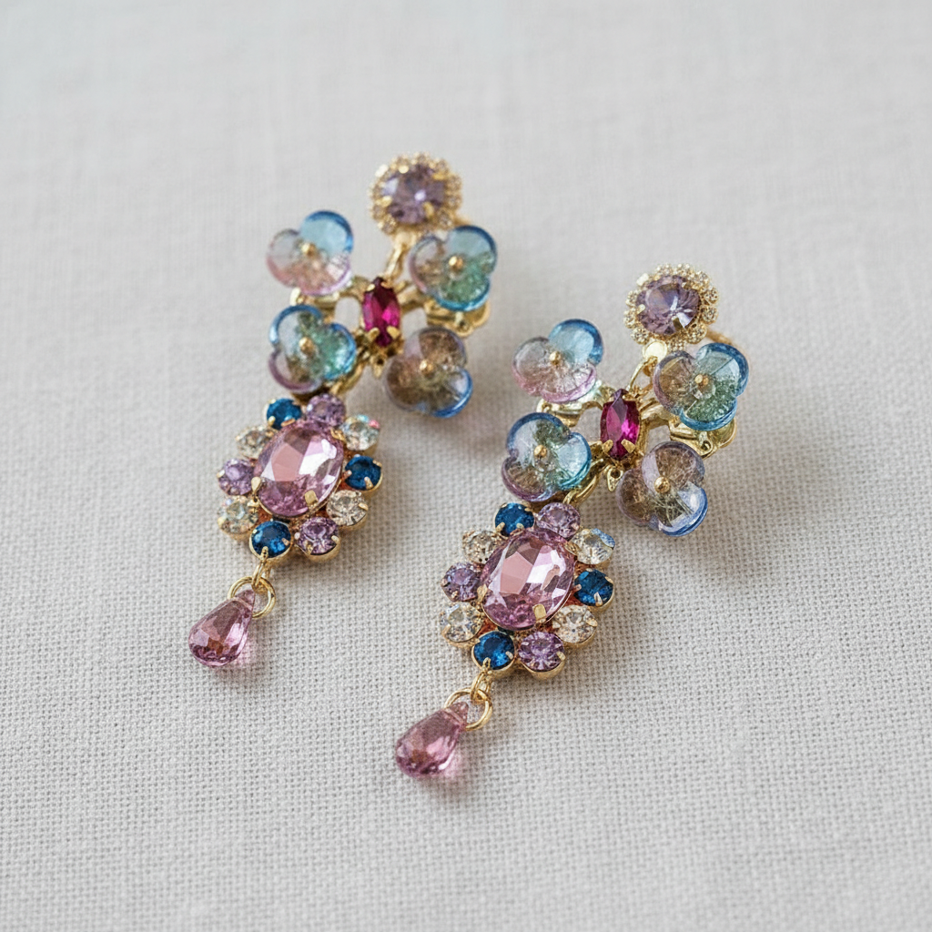 camilla dovey - Asymmetric Crystal Floral Drop Earrings