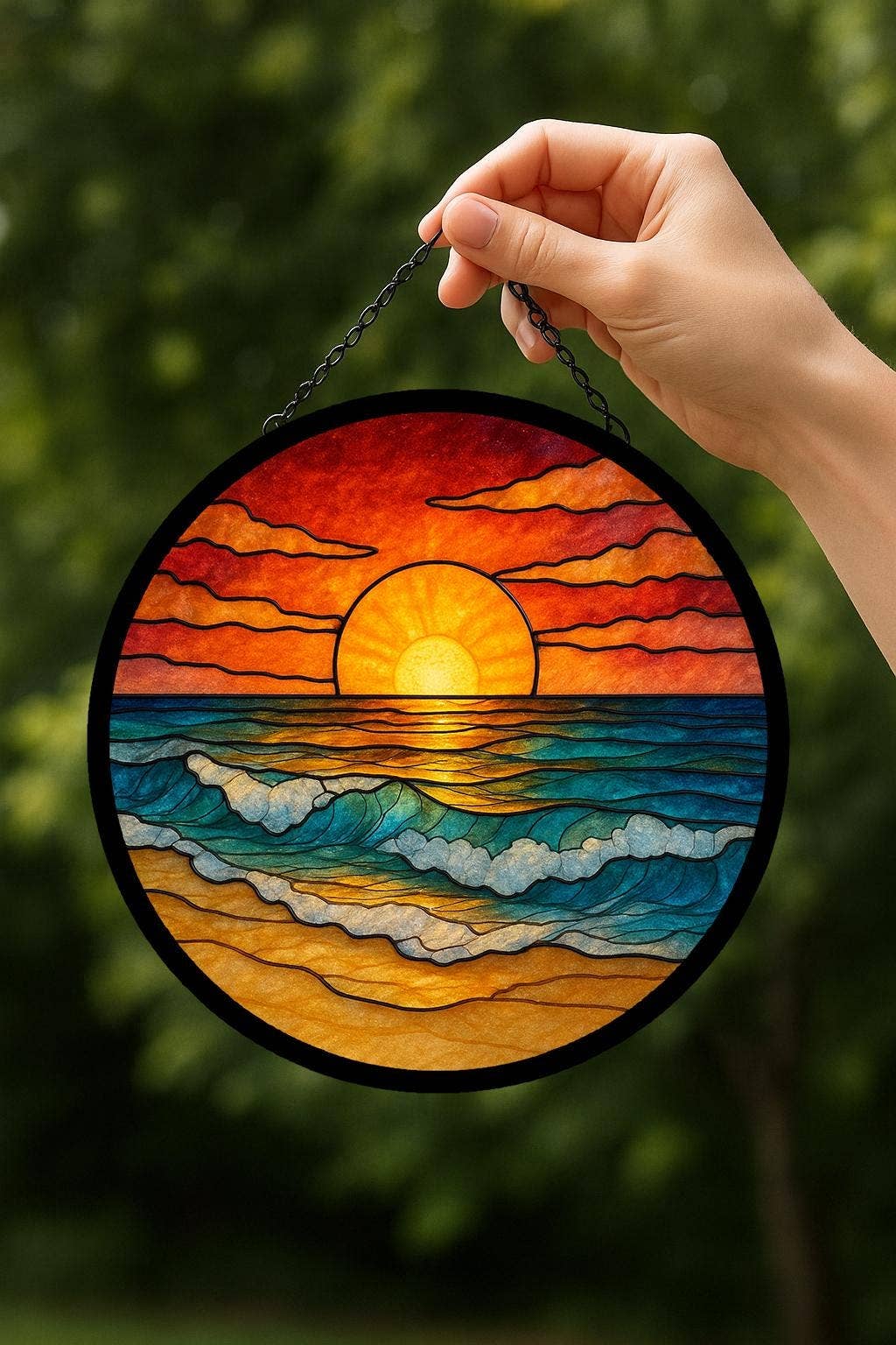 NVC Ecommerce LLC - Beach Sunset Stained Glass Suncatcher, Gift Beach Lover: 11.8in