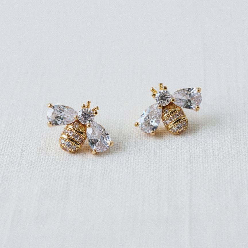 Ellemadera - Miniature Cubic Zirconia Bee Stud Earrings