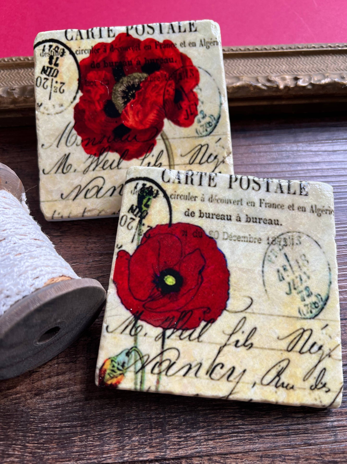 The Painted Lily - Red Poppies stone coasters - case of 4