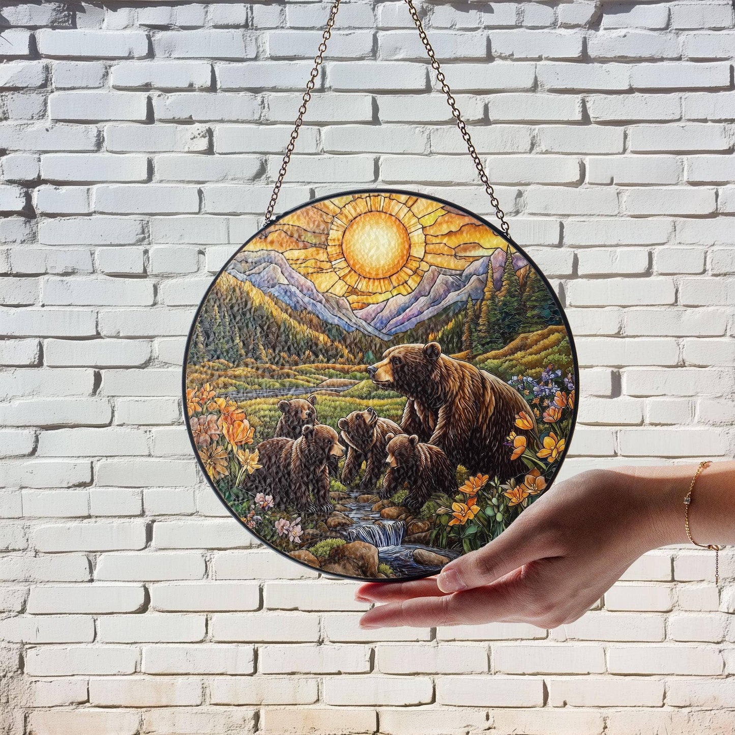 NVC Ecommerce LLC - Bear Family Stained Glass Suncatcher, Mountain Home Wall Art: 11.8in