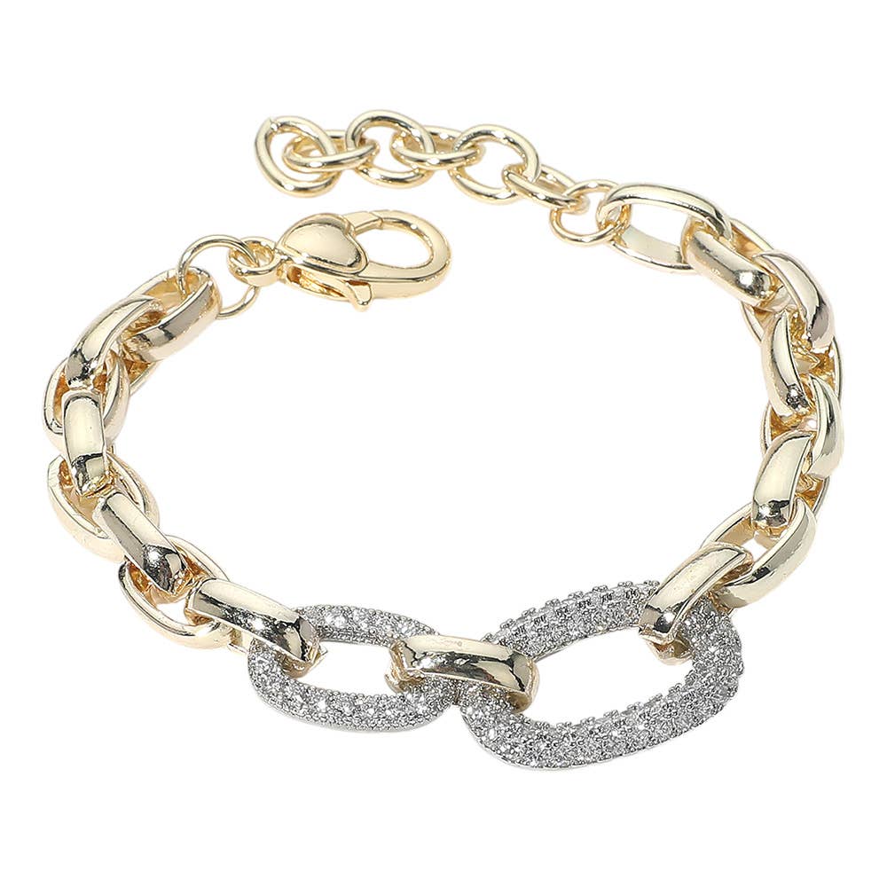Sensibling Corp. - 14K Gold Plated CZ Stone Paved Double Oval Link Accent Link Chain Bracelet