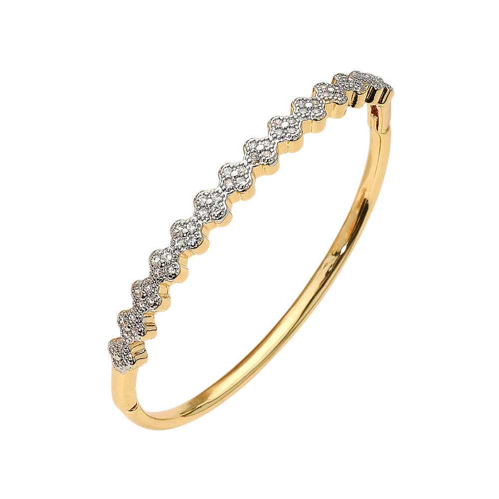 Sensibling Corp. - SECRET BOX_Stainless Steel Rhinestone Pave Quatrefoil Hinged Bangle Bracelet