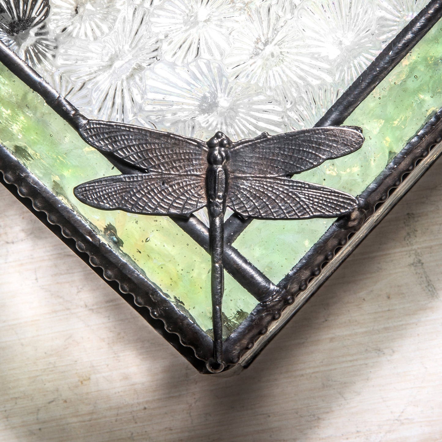 J Devlin Glass Art & Bert Anderson Collection - Green & Clear Stained Glass Dragonfly Keepsake Box 141