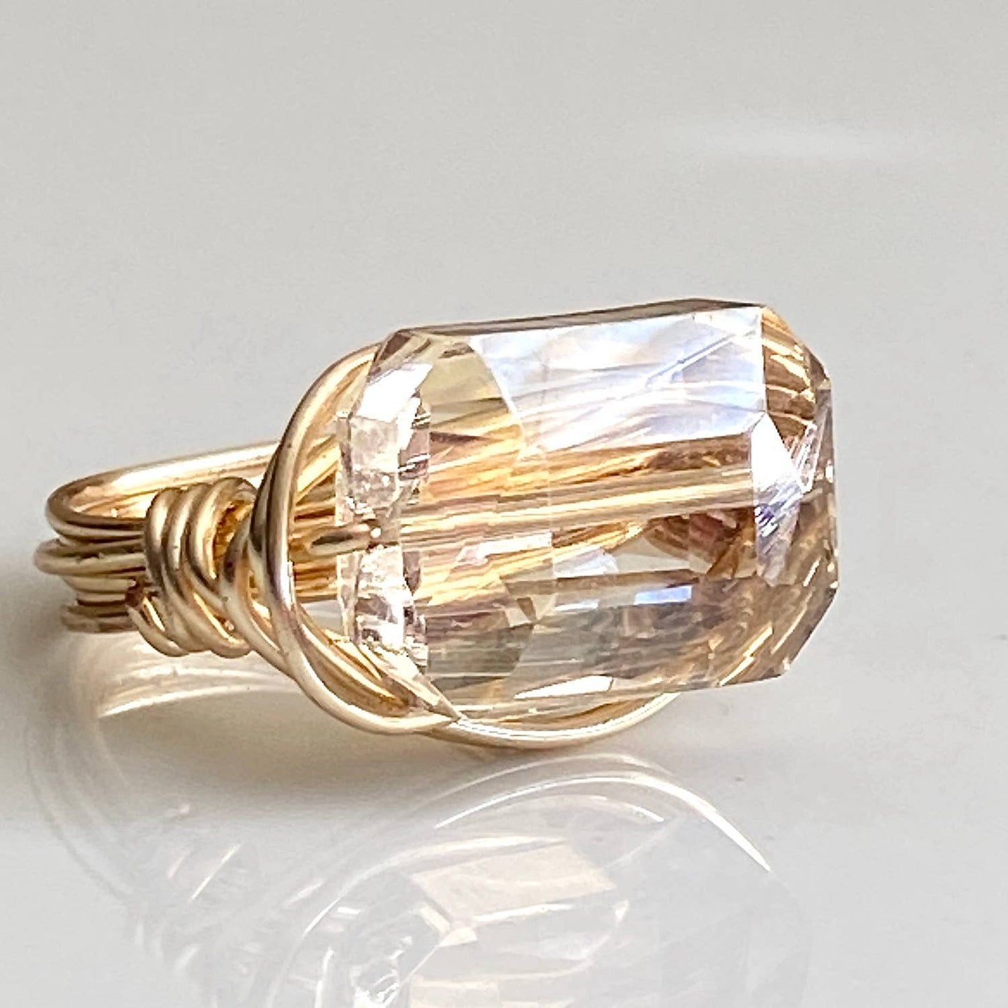 Marble Designs Jewelry - Crystal Gold Ring Champagne Rectangle Wire Wrapped: 8 / Blue