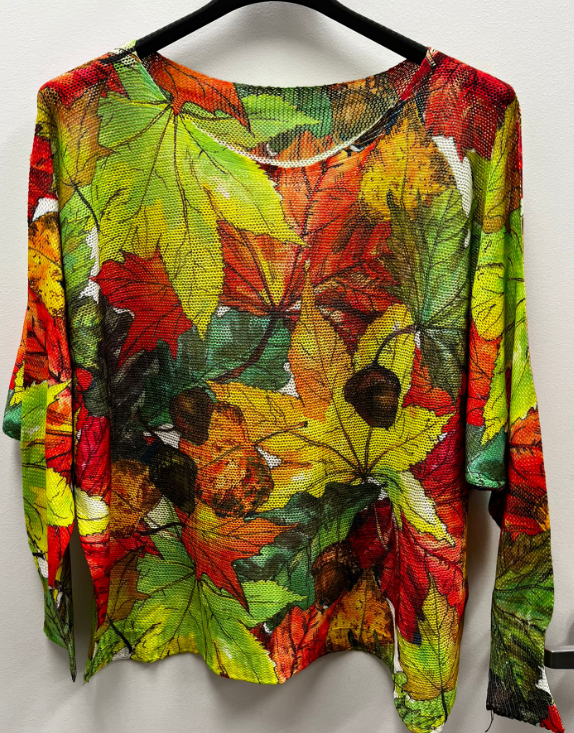 LOOWIE - Fall Green Brown Leaves Round Knit Printed Sweater LOOWIE