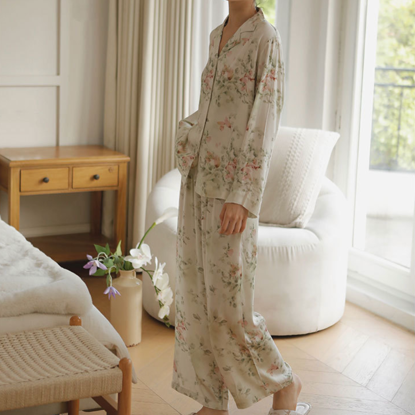 DrifWoo - Elegant Floral Long Sleeve Pajama Set – Soft & Breathable: Beige Rose / L