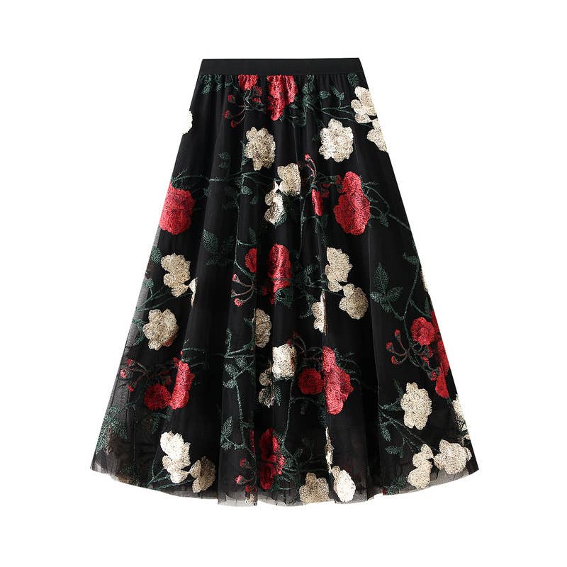 PEACH ACCESSORIES - SDK159 large embroidered RED roses skirt: Cream