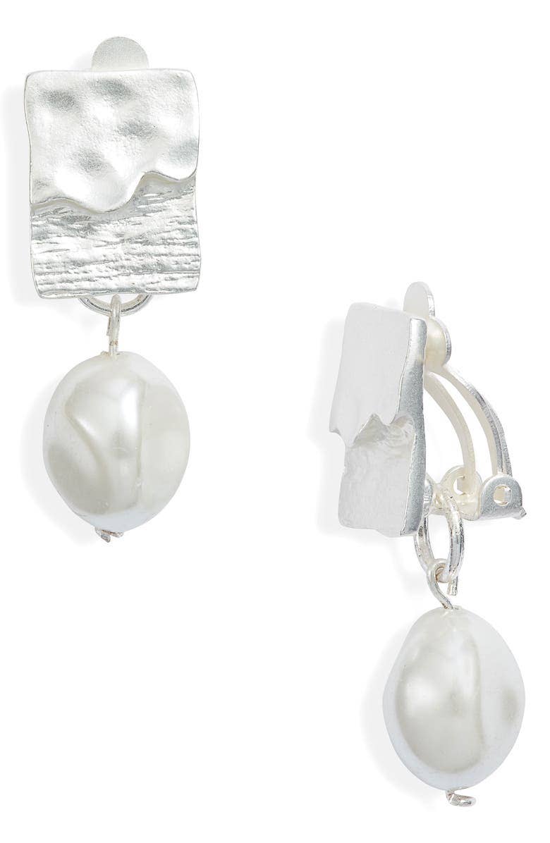 KARINE SULTAN - Rectangular clip on earrings with pearl drop: Gold