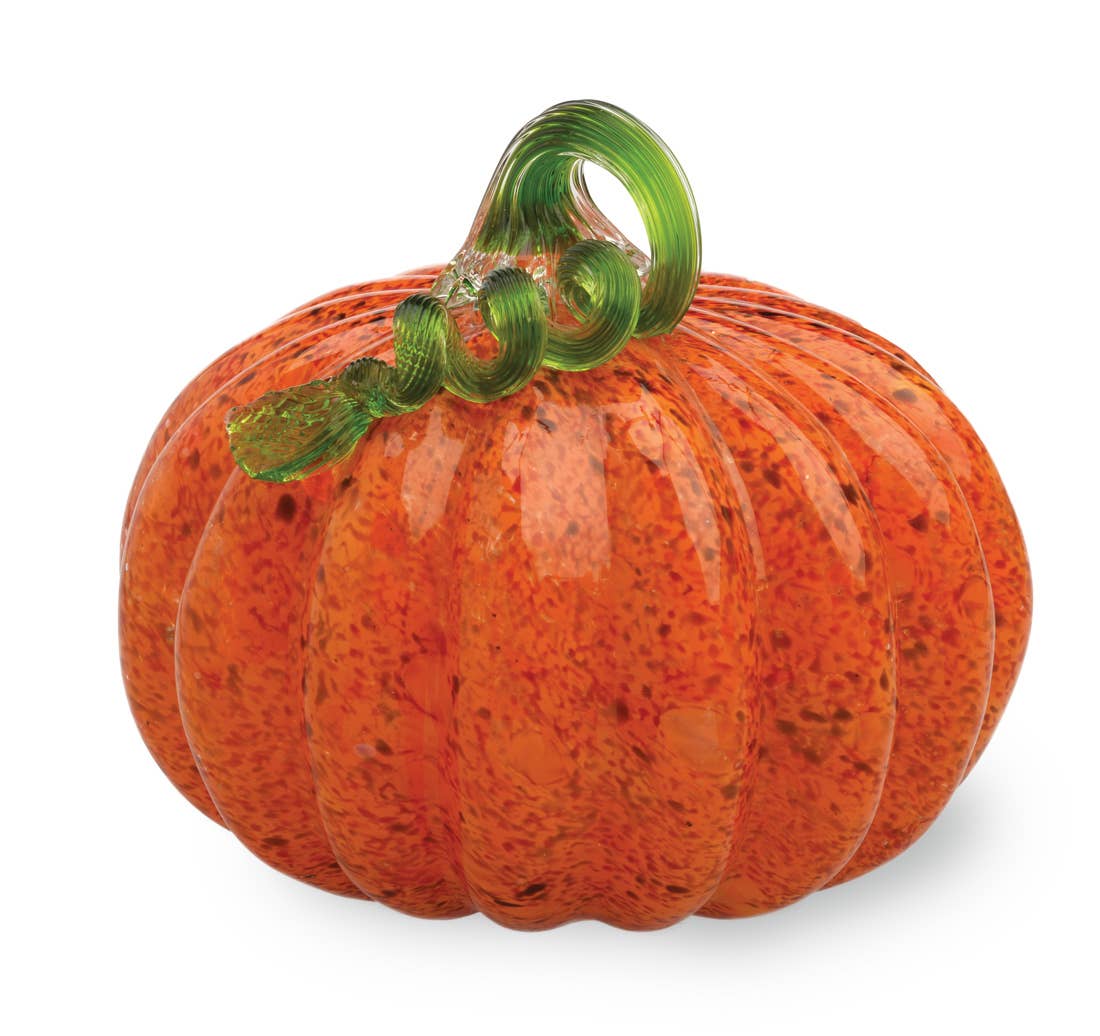 Boston International - 7" Dia Glass Pumpkin Orange With Green Stem Fall