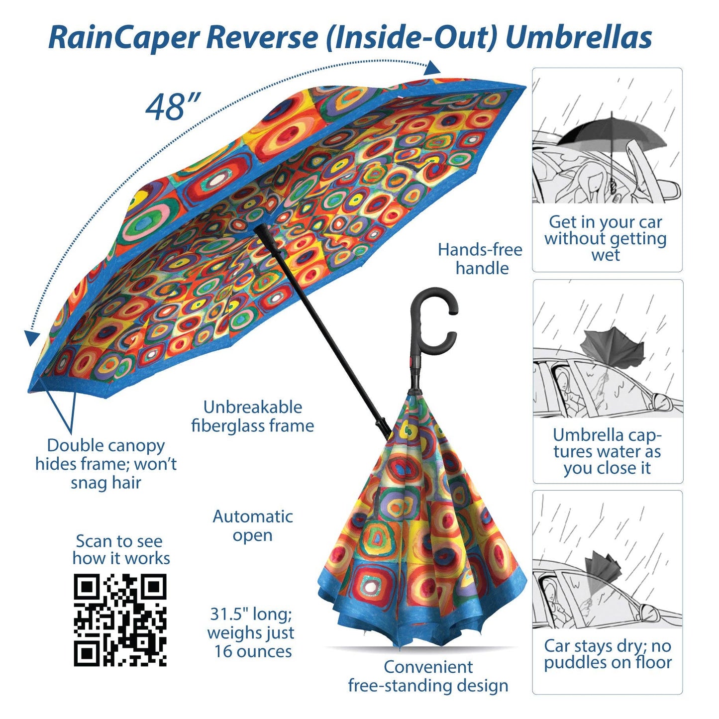 RainCaper - Kandinsky "Circles" Reverse Inverted Umbrella – Hands-Free, Windproof Design