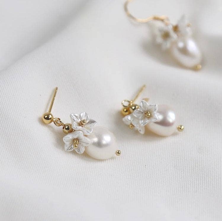 Haengseongworkshop - 18K Gold Plated Freshwater Pearls with Flower Beads Earrings: Dangle