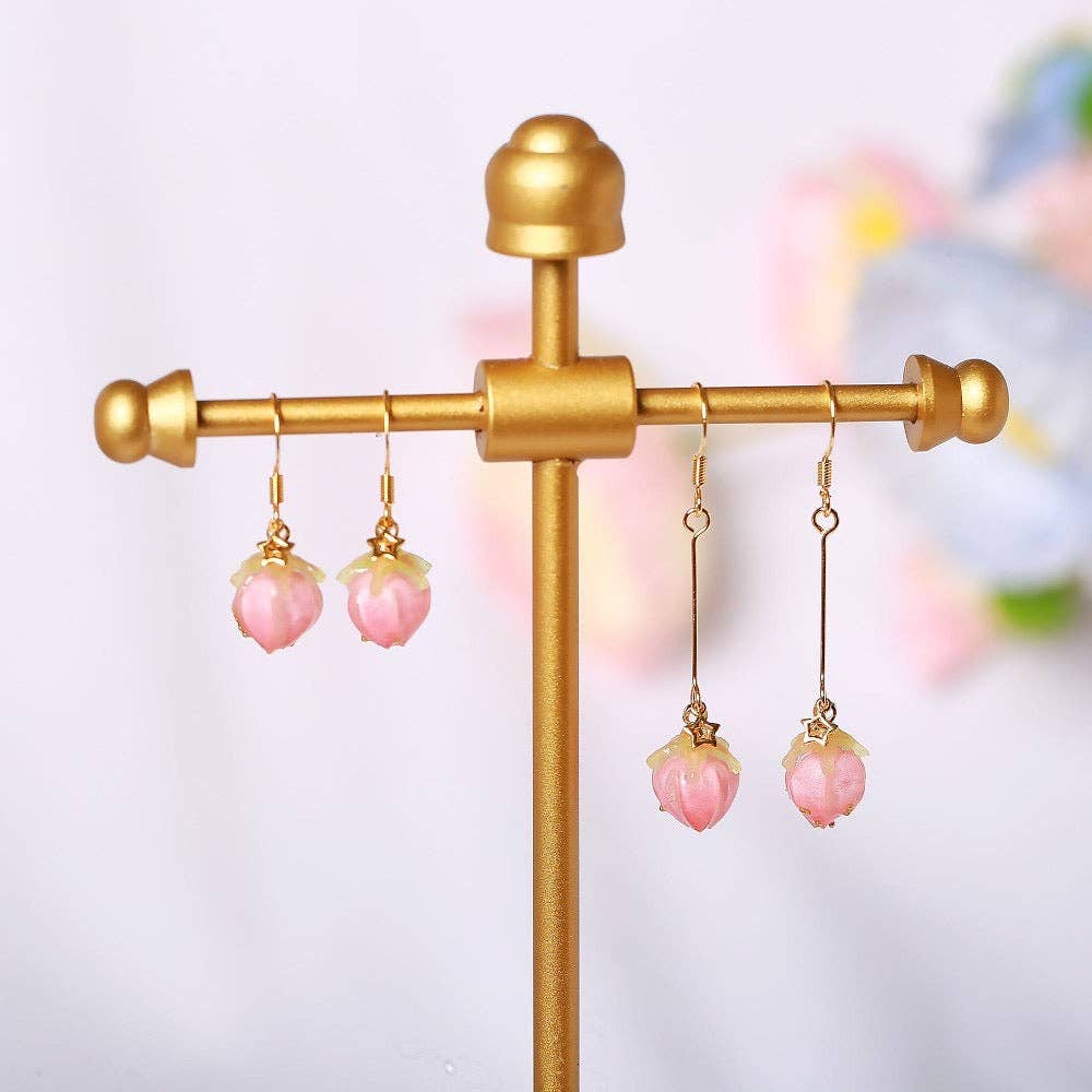 Haengseongworkshop - 18K Gold Plated Pink Rose Bud Glass Lamp work Earrings Dangle: Dangle
