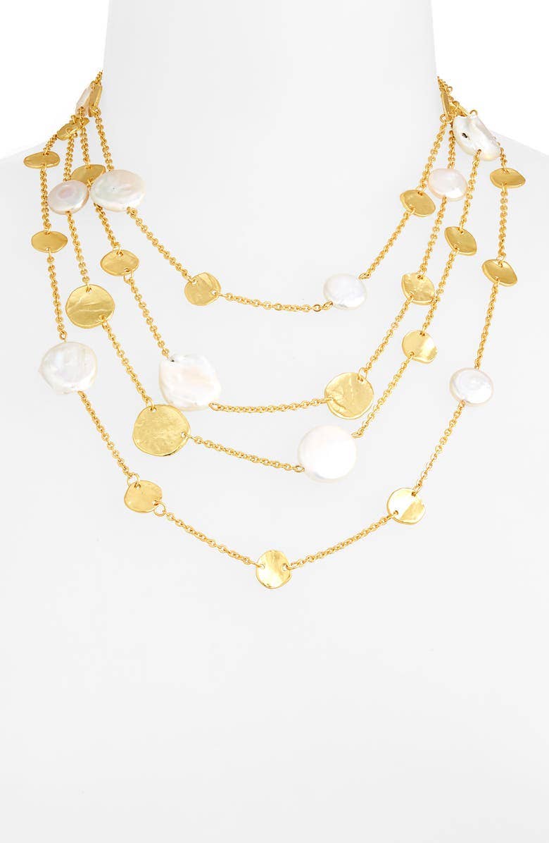 KARINE SULTAN - Coin and flat pearl multi strand statement necklace: Gold