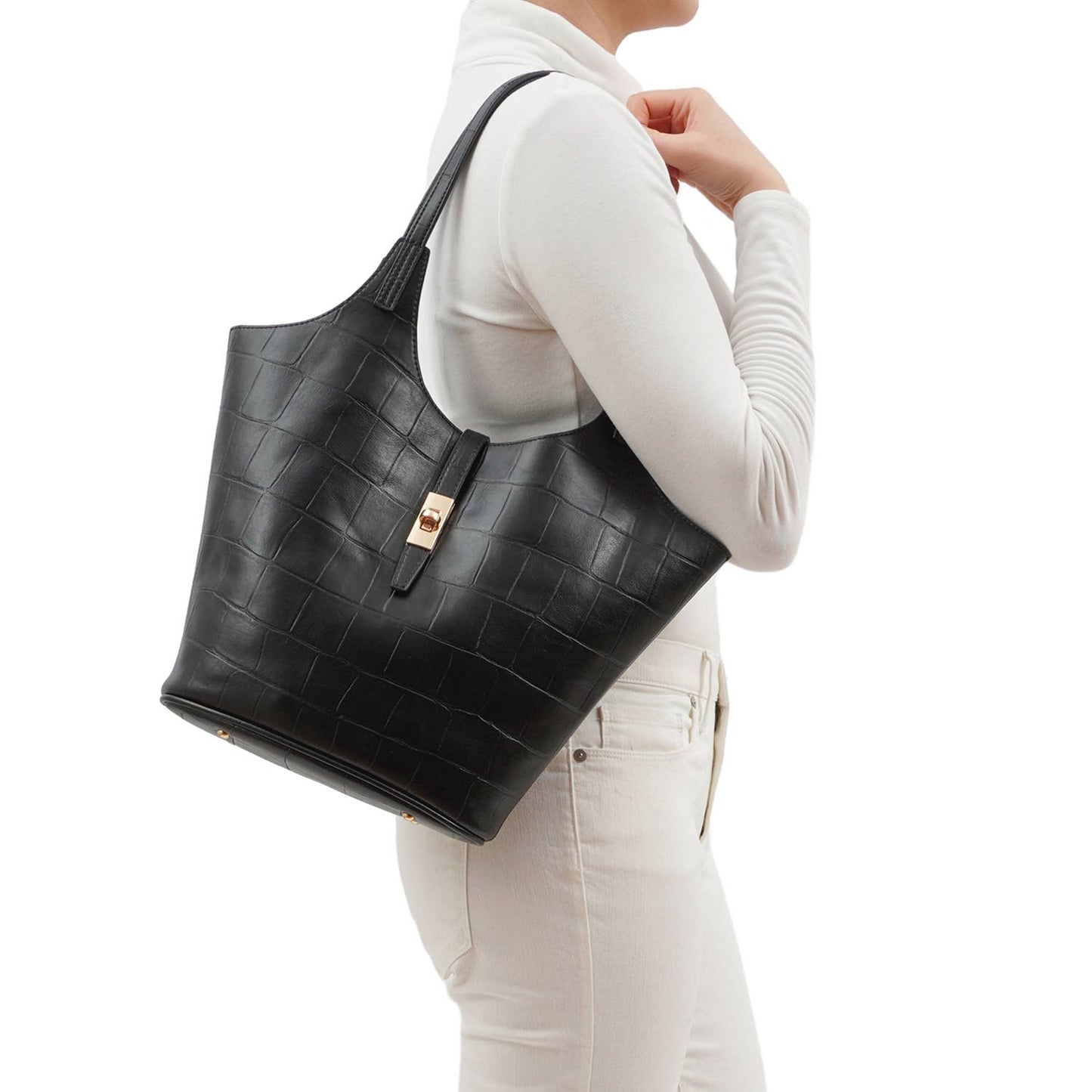 Mellow World - Clio 2-in-1 Croc Embossed Tote: Cognac