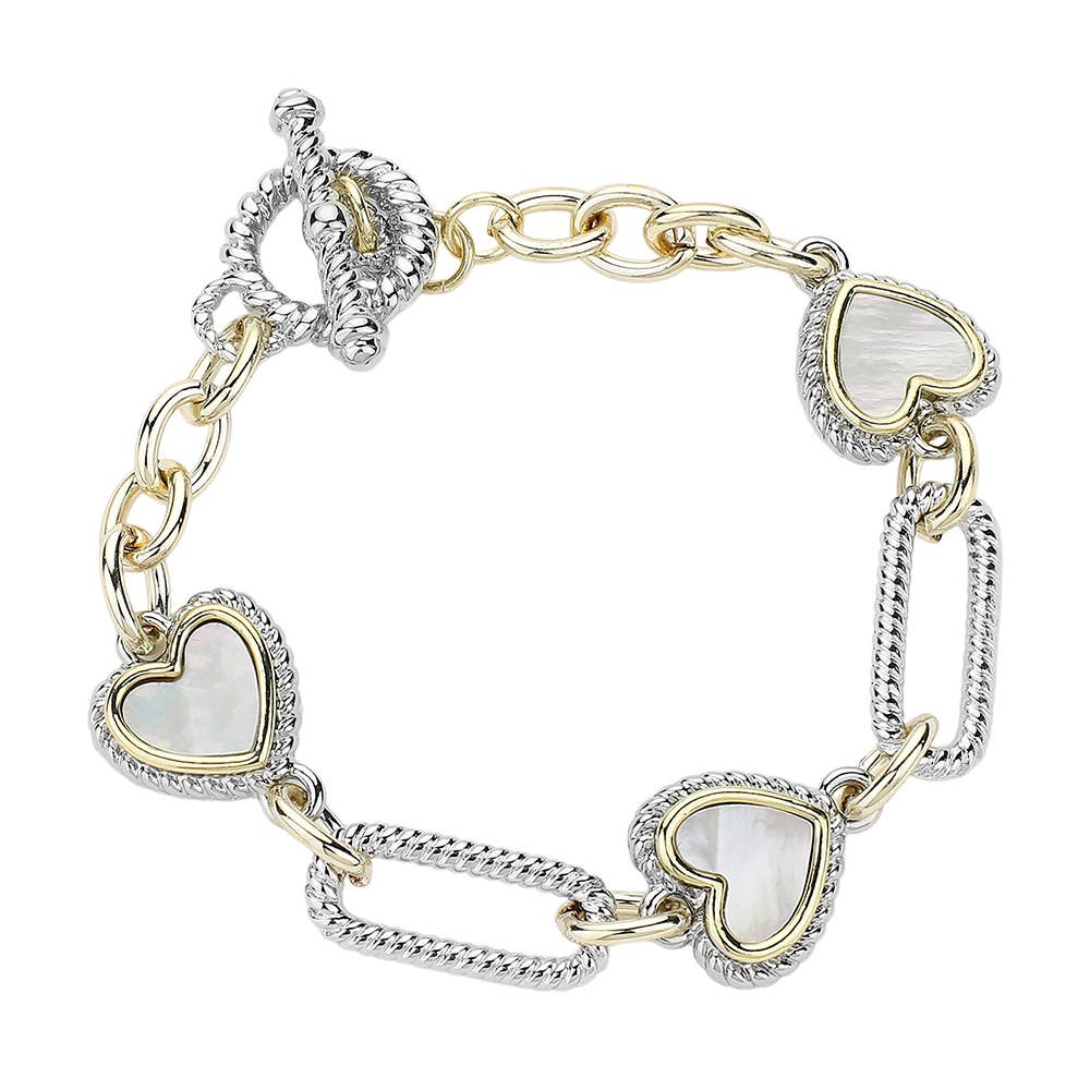 Sensibling Corp. - 14K Gold Plated Paved Heart Textured Link Toggle Bracelet: PAVE