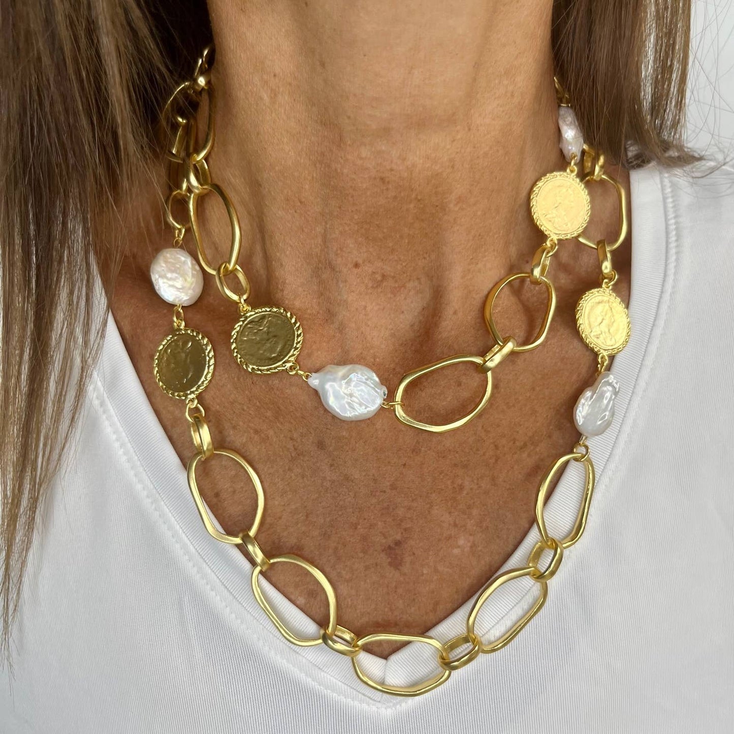 KARINE SULTAN - Irregular links, coins, and large flat pearls layered neckla: Silver