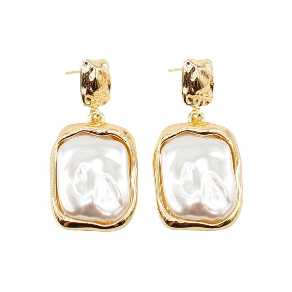 anbfashion - Hammered Rectangle Pearl Dangle Earring ER-5897: GD