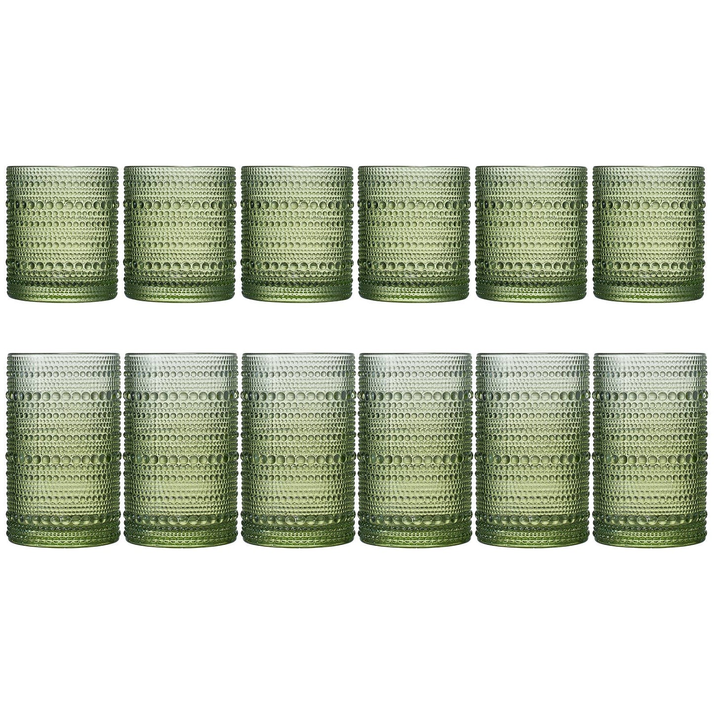 The Wine Savant / Khen Glassware - Green Hobnail Glasses, 12 Set, 6x Low 11OZ + 6x High 12OZ