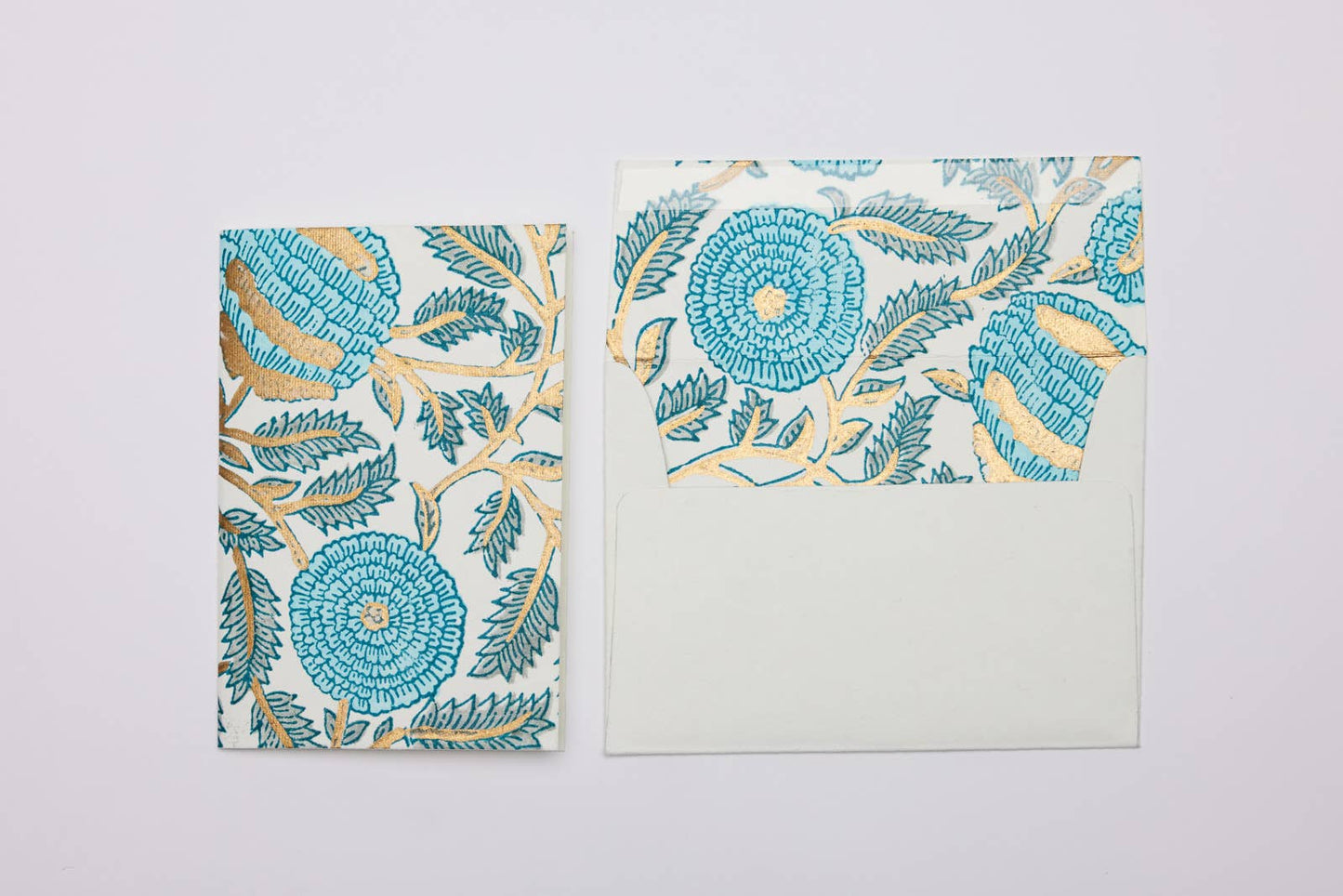 Paper Mirchi - Hand Block Printed Greeting Card - Marigold Glitz Turquoise