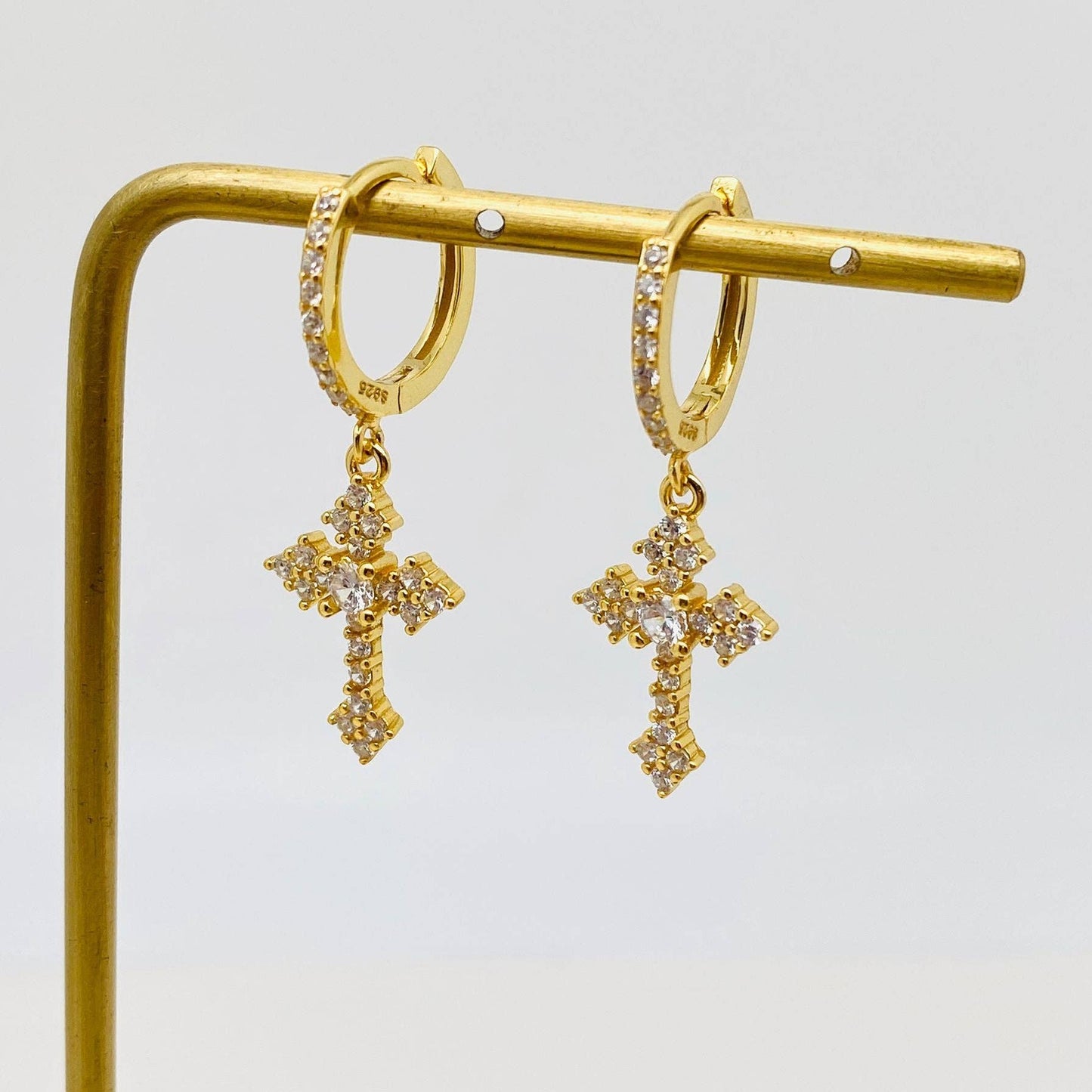 Mio Queena - Mini Zircon Cross Pendant S925 Silver Huggie Earrings: Silver