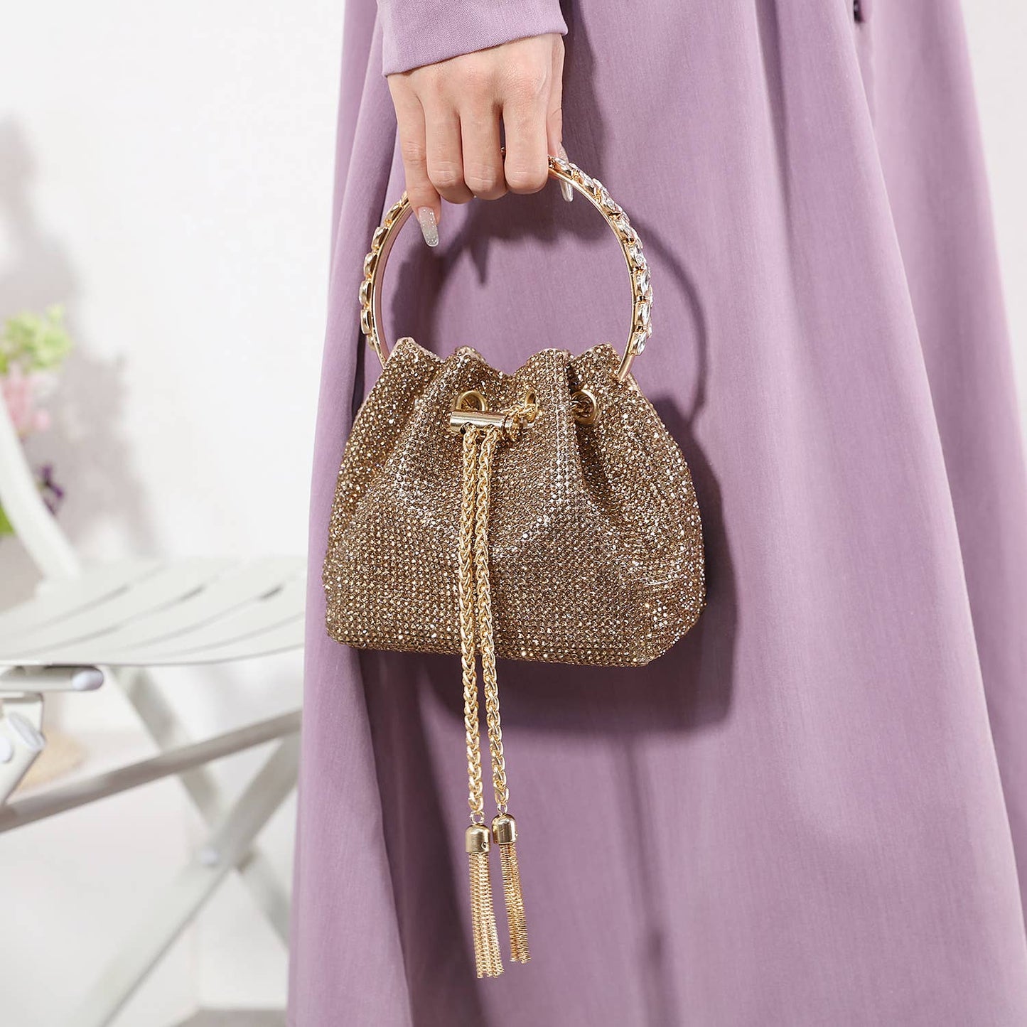 PEACH ACCESSORIES - 6641 crystal bucket bag with crystal handle: Gold