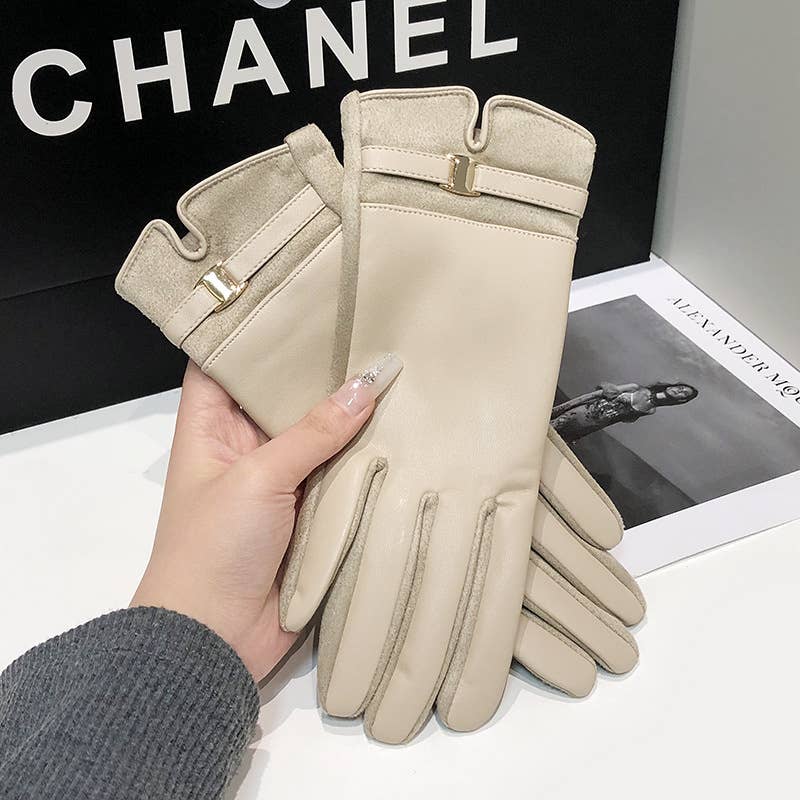 PEACH ACCESSORIES - LG004 Classic Elegance PU Leather Gloves with Shiny Buckle: Beige