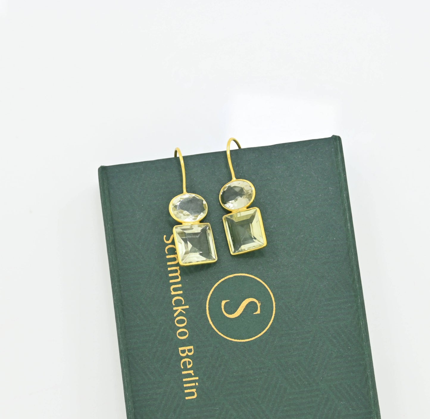 Schmuckoo Berlin - Oval Square Earrings Gold Silver 925 - Green Amethyst