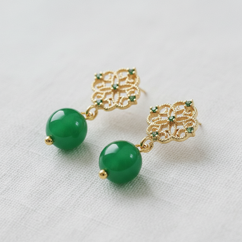 Ellemadera - Filigree Green Agate and Zircon Earrings