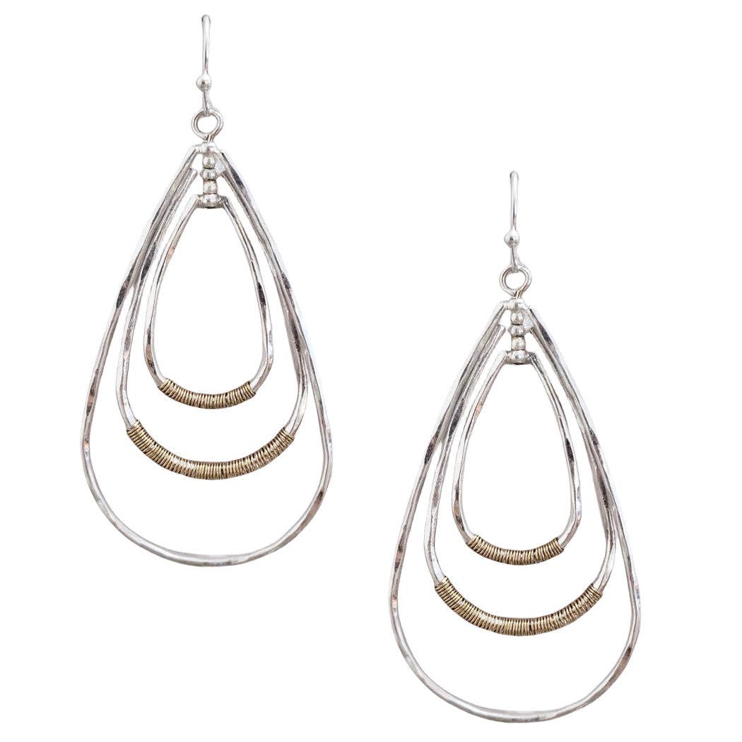 What's Hot - Worn Silver with Gold Wire Accents Teardrop 1.75" Earring
