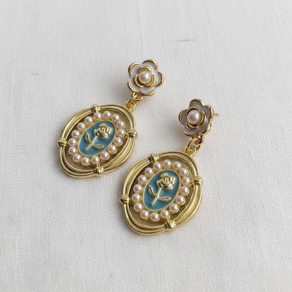 Ellemadera - Vintage Inspired Blue Floral Pearl Dangle Earrings