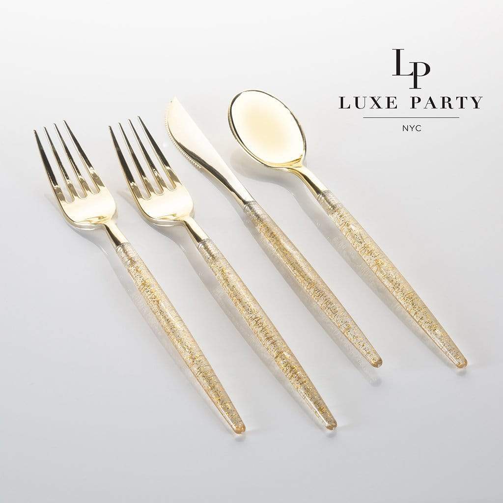 Luxe Party - Gold Glitter Plastic Cutlery Set | 32 Pieces