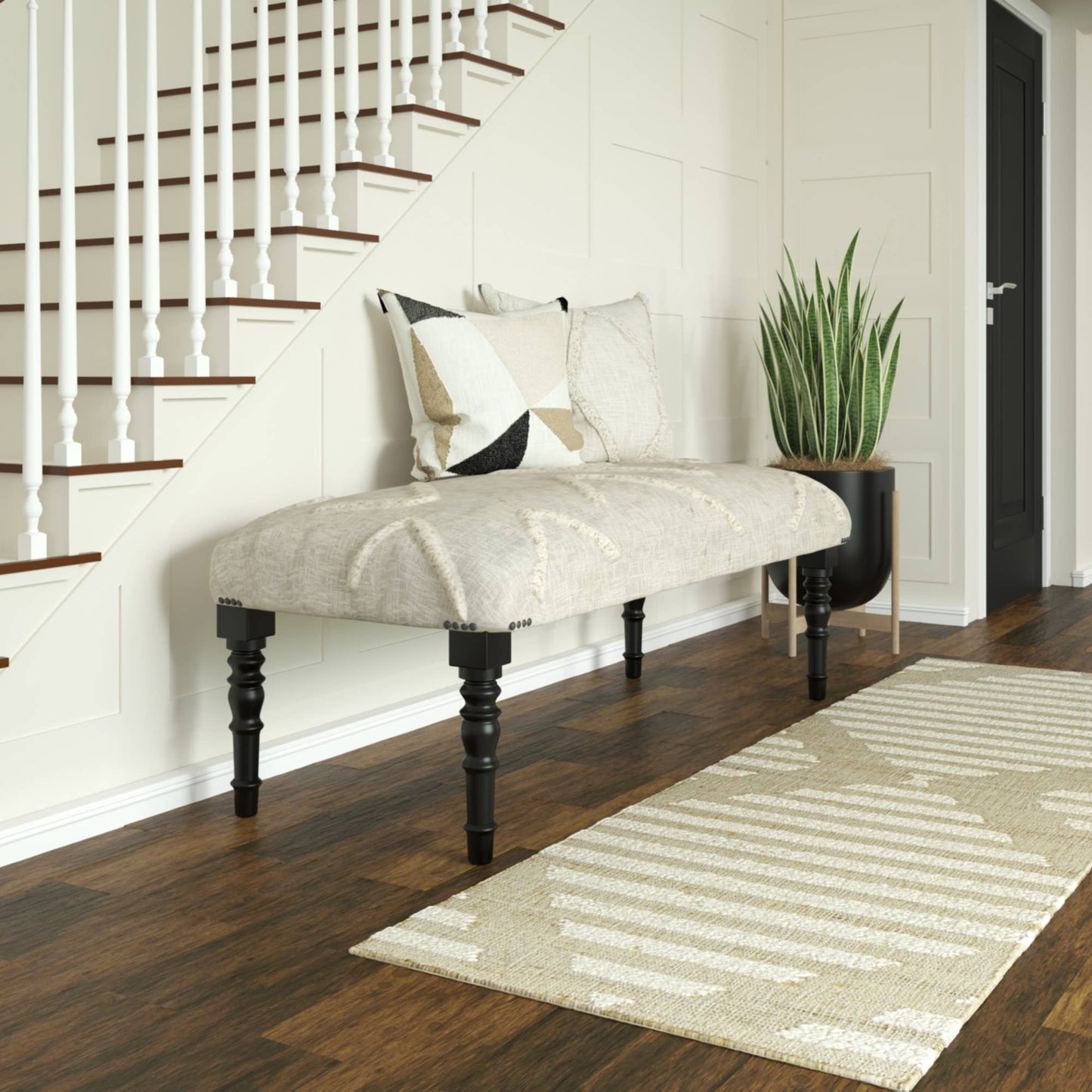 LR Home - Farmhouse Cream/Natural Upholstery Bench: Cream