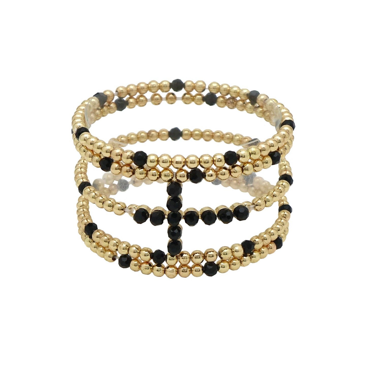 What's Hot - Gold Beaded and Black Cross Set of 5 Stretch Bracelets
