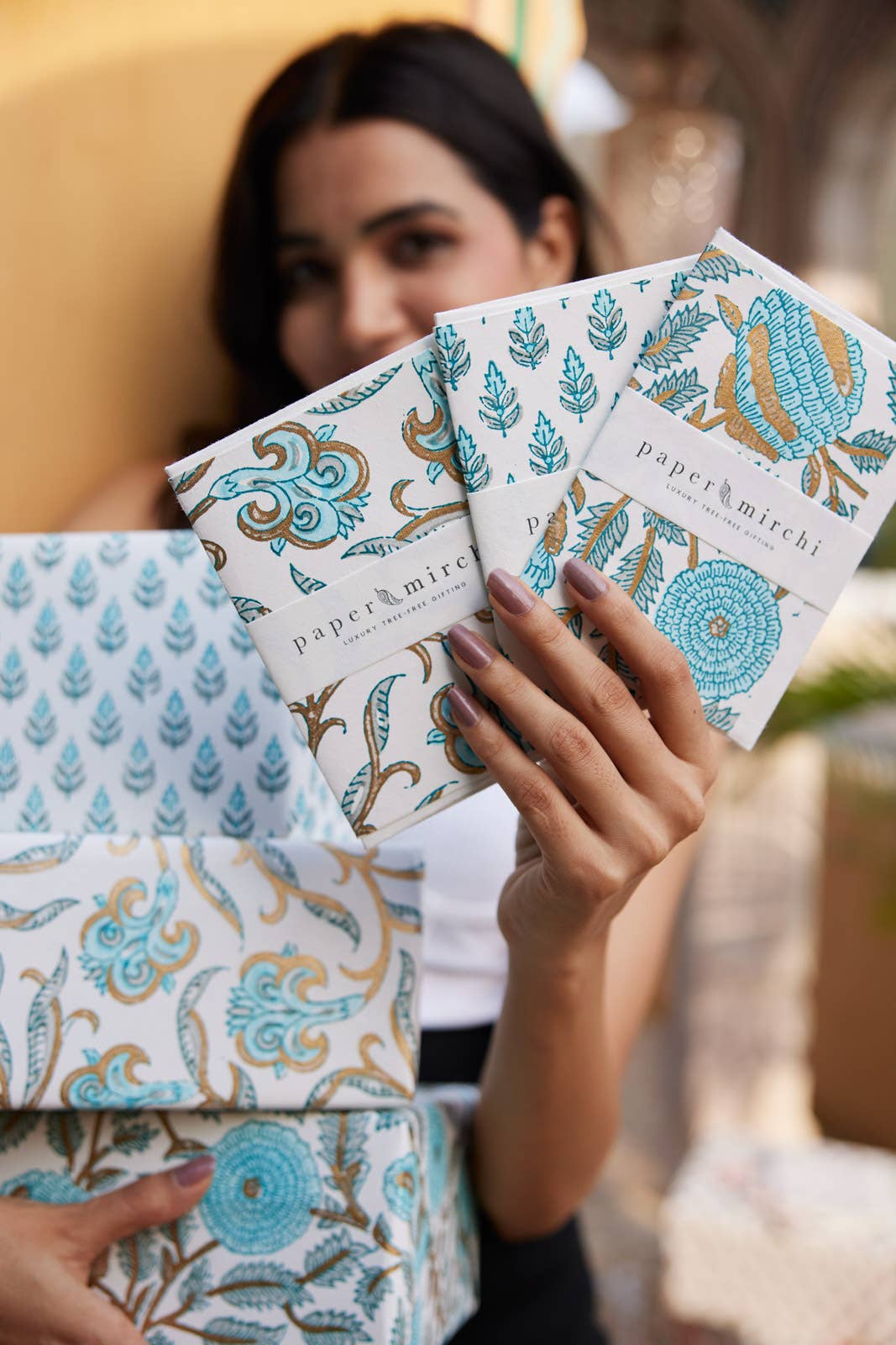 Paper Mirchi - Hand Block Printed Greeting Card - Marigold Glitz Turquoise