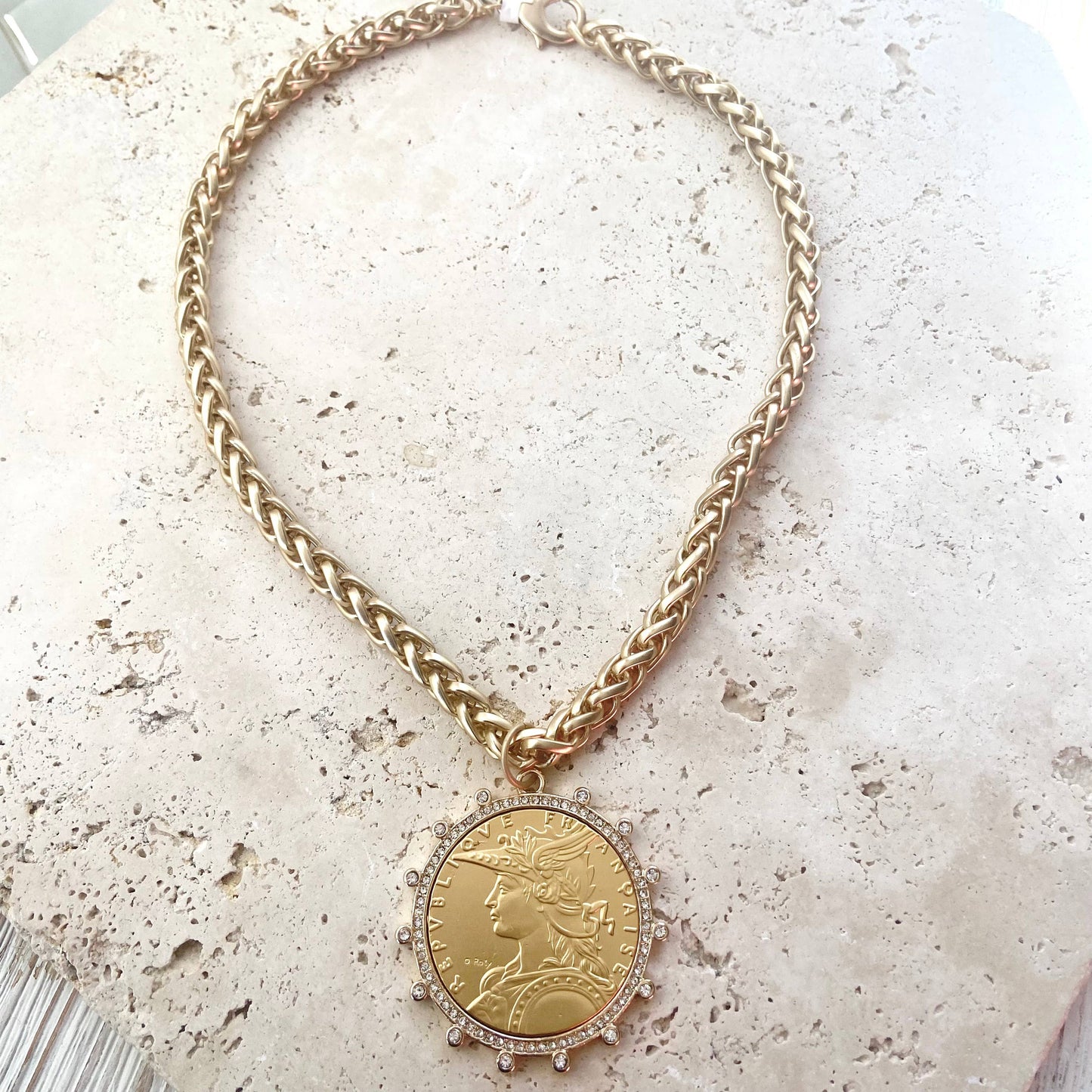 VB&CO Designs Handmade Jewelry - French coin necklace matte gold boutique