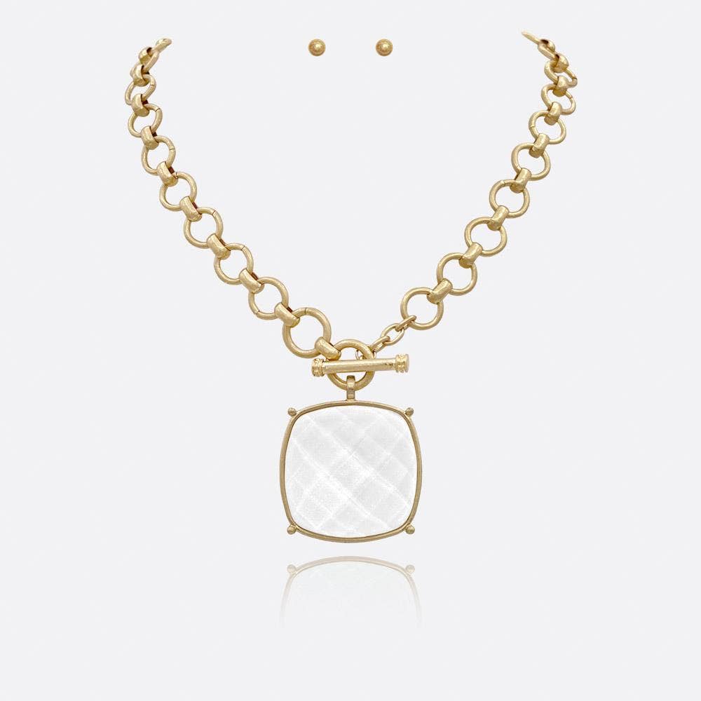 anbfashion - SQUARE STONE PENDANT CHAIN NECKLACE EARRING SET: SAGE