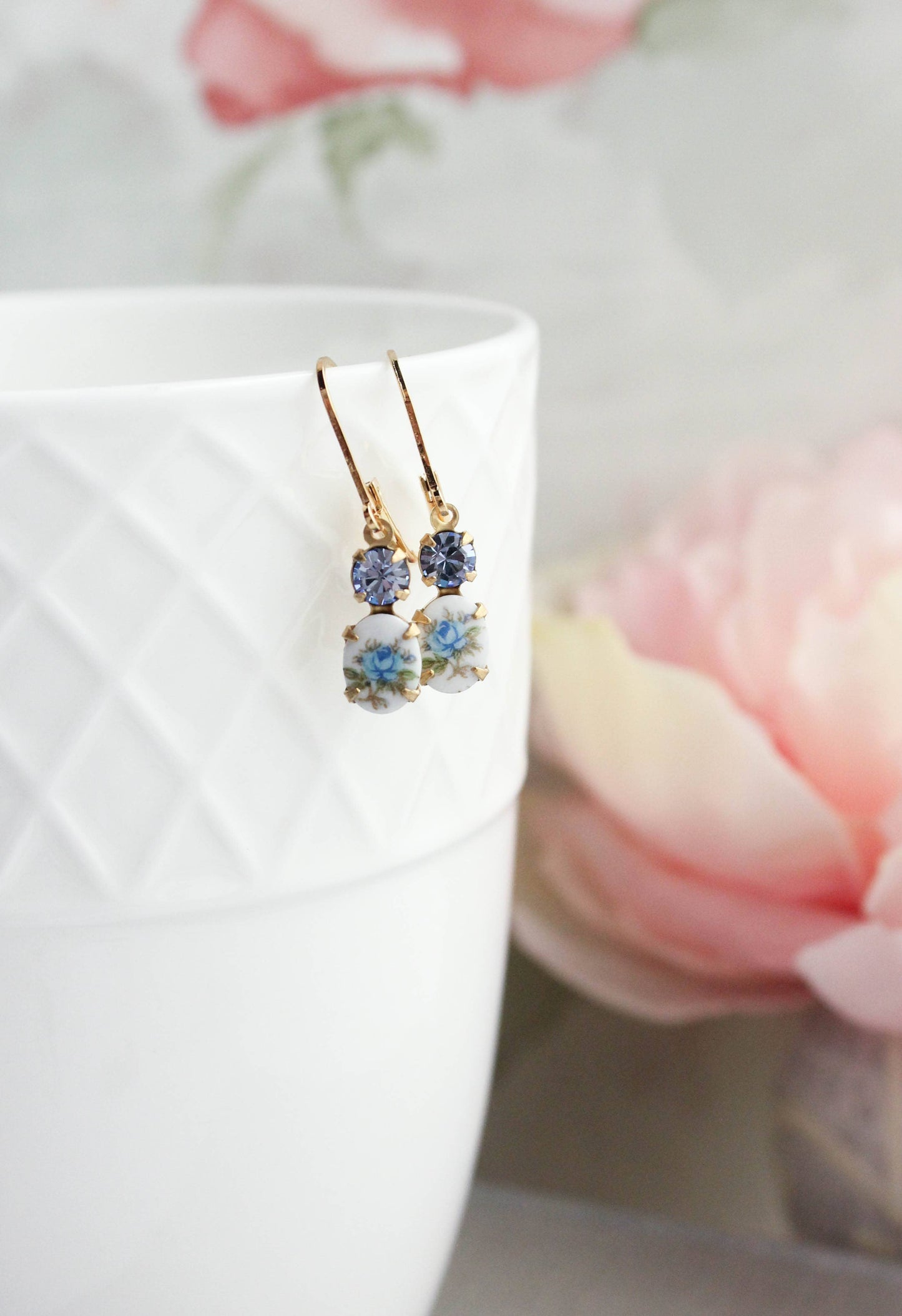 A Pocket of Posies - Little Blue Rose Cameo Earrings - Vintage Glass