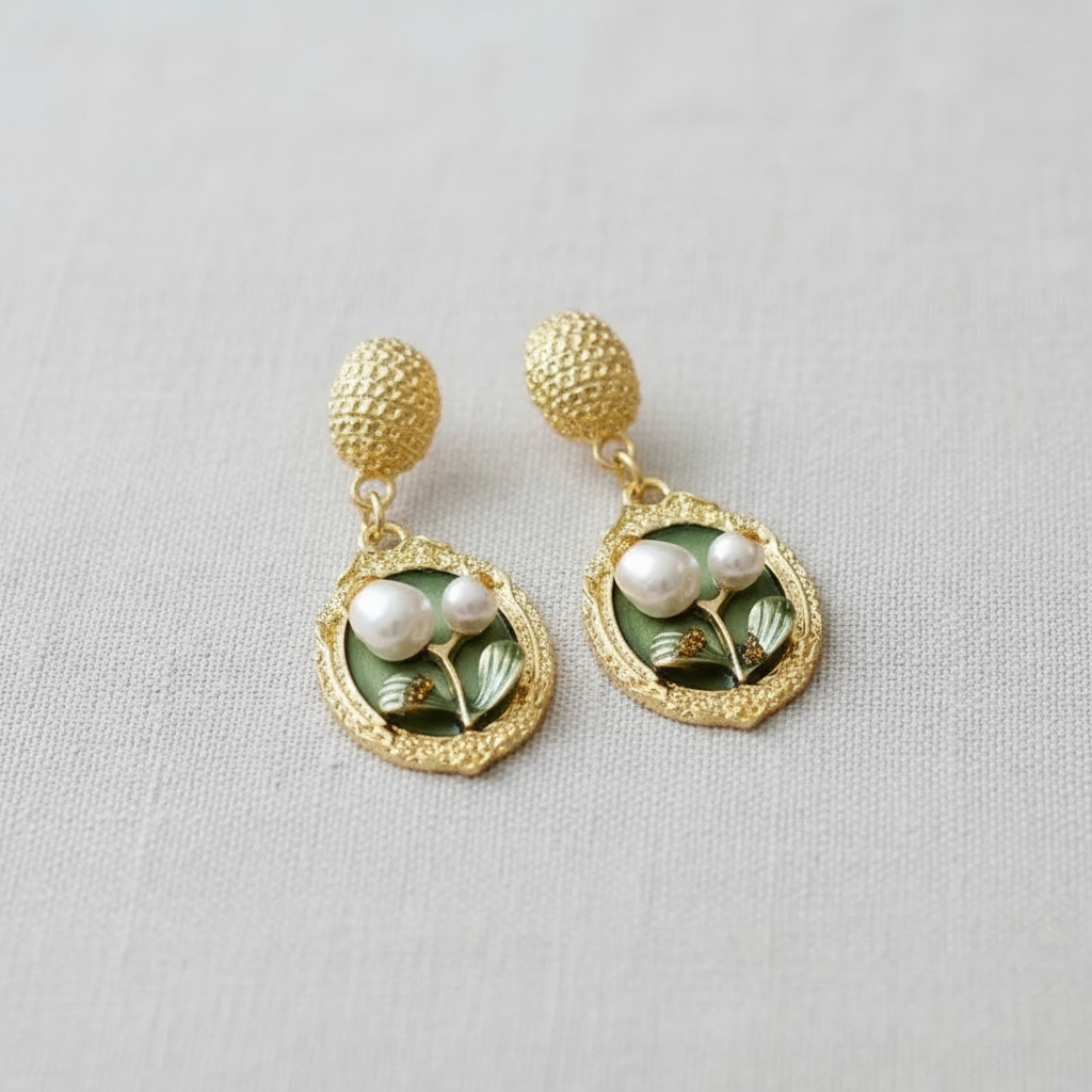 camilla dovey - Vintage Green Floral Pearl Earrings