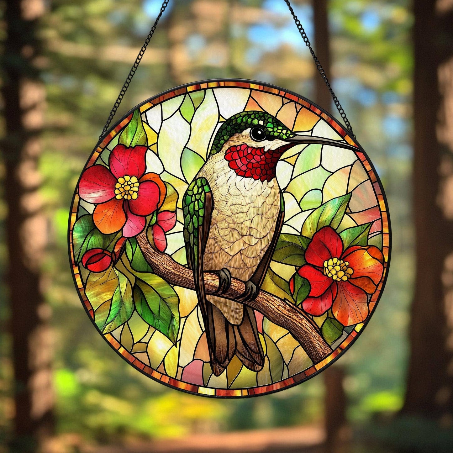 NVC Ecommerce LLC - Hummingbird Stained Glass Suncatcher, Bird Watching Decor: 11.8in
